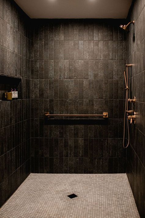 Dark Tile Bathroom, Masculine Bathroom, Shower Tile Ideas, Dark Bathrooms, Dream Shower, Master Shower, Downstairs Bathroom, Bathroom Inspiration Decor, Modern Shower