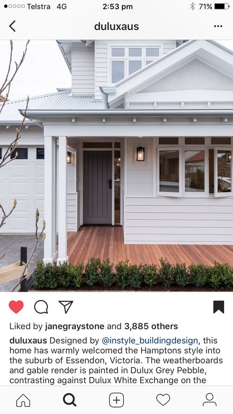 Dulux grey pebble and dulux while exchange Renovating Old Homes, Home Remodeling On A Budget, Remodeling On A Budget, Hamptons House Exterior, Hamptons Style Homes, Weatherboard House, Old Homes, Exterior Paint Colors For House, Hamptons House