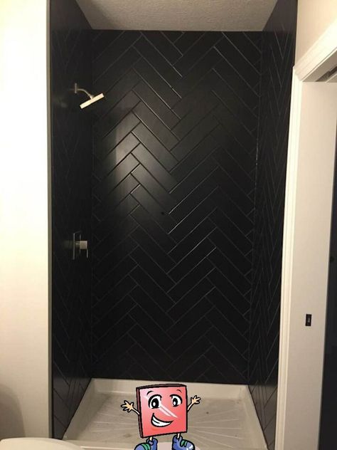 Herringbone Ceramic Black Subway Tile Herringbone Tile Shower Wall, Black Herringbone Backsplash, Black Subway Tile, Black Herringbone Tile, Herringbone Subway Tile, Black Subway Tiles, Tile Accent Wall, Subway Tile Showers, Subway Tile Backsplash Kitchen