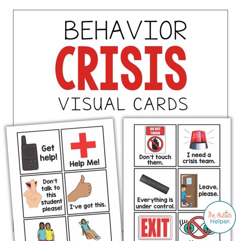 These visuals are designed to be used between adults to communicate needs during a crisis or implementation of a behavior plan. Sometimes, other adults require support to follow the plan (for a variety of reasons) or understand what is needed. These can be used to clearly convey your needs in the moment to other adults that approach the situation. Keep these handy on a lanyard or stored in multiple locations around the classroom and building. This resource is a must-have! Visual Behavior Supports Free, Special Education Data Sheets, Visual Social Stories, Sped Resources, Behavioral Interventions, Resource Teacher, Behavior Cards, School Counseling Activities, Behavior Plan