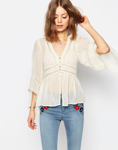 Image 1 of ASOS Premium Lace Insert Blouse Blusas Top, White Sheer Top, Rayon Blouse, Wardrobe Planning, Handmade Wardrobe, Lace Insert, Blouse White, Sheer Top, Sheer Blouse