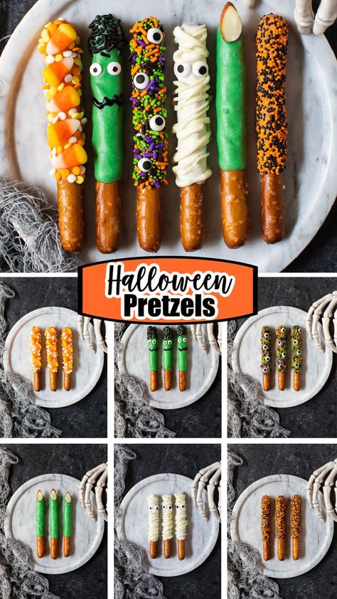 Chocolate-covered pretzel rods decorated as mummies, Frankenstein, candy corn, monsters, witch fingers, and Halloween sprinkles. Halloween Dipped Pretzels Rods, Halloween Pretzel Ghosts, Halloween Party Pretzels, Halloween Pretzel Sticks Dipped, Halloween Themed Pretzels, Pretzels Halloween Treats, Chocolate Covered Pretzel Sticks Halloween, Spiderweb Pretzel Rods, Mummy Chocolate Covered Pretzels