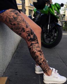 Black & Gray Leg Sleeve Tattoo Sanskrit Tattoo, Full Leg Tattoos, Girls With Sleeve Tattoos, Geometric Tattoos, Cat Tattoos, Tattoos For Black Skin, Japanese Tattoos, Leg Tattoos Women, Leg Sleeve Tattoo