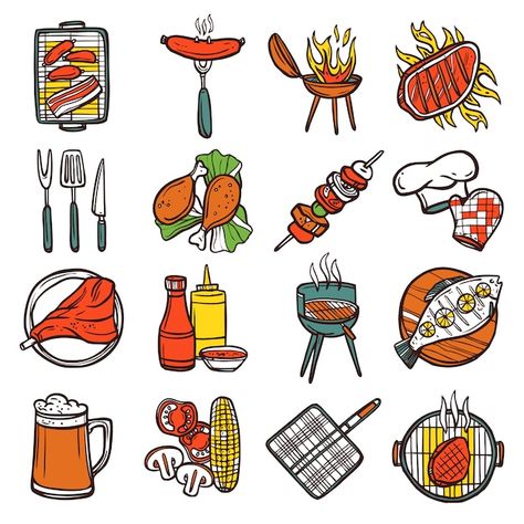 Cookbook Drawings, Oktoberfest Menu, Grilling Art, Bbq Svg, Stall Decorations, Colored Icons, Grill Party, Kitchen Svg, Bbq Grill Design