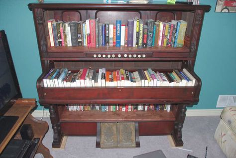 Reusing Old Salvaged Junk | Ouch. This is really hard to watch. 'Where pianos go to die' | Page 2 ... Piano Crafts, Pump Organ, Old Piano, Piano Decor, Creative Bookshelves, Piano Parts, Cool Bookshelves, Piano Art, Old Pianos