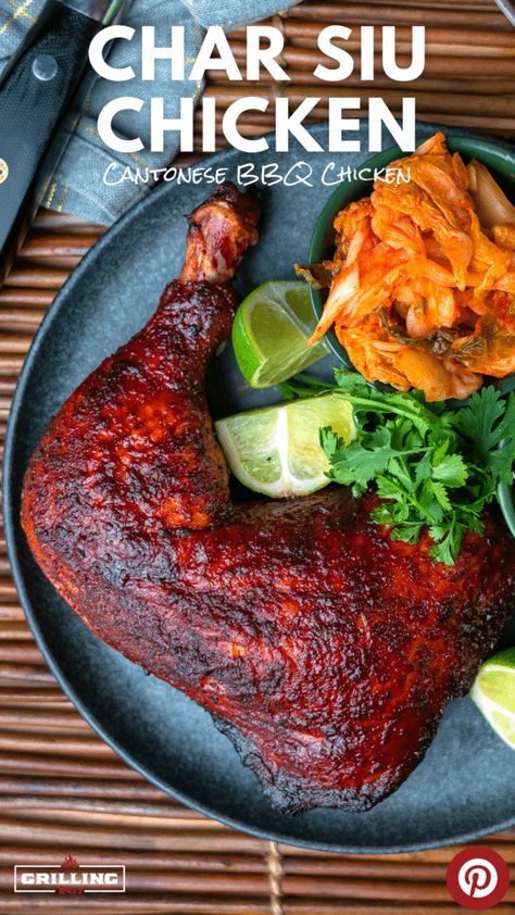 Char Siu Chicken leg quarter  with kimchi and lime slices Smoked Chicken Leg Quarters, Smoked Chicken Quarters, Chicken Quarter Recipes, Char Siu Chicken, Chicken Leg Quarter Recipes, Masterchef Recipes, Bbq Chicken Legs, Recipes For Chicken, Leg Quarters