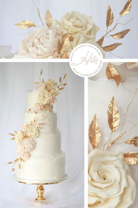 Gold Leaf Luxury Wedding Cakes Wedding Cake Gold Leaf, Luxury Wedding Cake Design, White And Gold Wedding Cake, The Wedding Cake, Elegant Birthday Cakes, Luxury Wedding Cake, Gold Wedding Theme, Simple Elegant Wedding, Wedding Cakes Blue