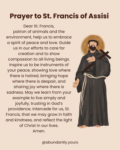 Happy Feast Day to St. Francis of Assisi! 🐑🤎 May we all embrace his spirit of love, compassion, and respect for all living beings. Let’s strive to be stewards of peace and kindness in our own lives. ✨🌿 abundantlyyours.org Prayer Of St Francis Of Assisi, Francis Of Assisi Prayer, Francis Assisi, St Francis Assisi, Happy Feast Day, Happy Feast, Saint Francis Of Assisi, Francis Xavier, St Francis Of Assisi