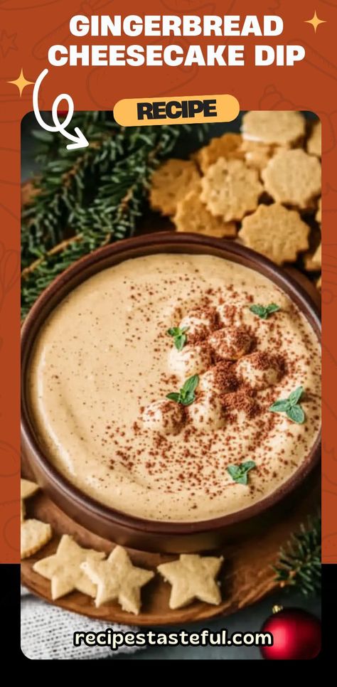 Love the flavors of gingerbread but want a quick, no-bake dessert? This Gingerbread Cheesecake Dip is a creamy, spiced treat perfect for Christmas gatherings or enjoying at home. Ready in just 5 minutes, it pairs beautifully with cookies, crackers, or fruit. #GingerbreadCheesecakeDip #HolidayDessert #NoBakeDessert #ChristmasTreat #SpicedDip #EasyDessert #GingerbreadDessert Gingerbread Cheesecake Dip, Dip In A Cup, Gingerbread Dip Recipe, Gingerbread Dip, Cheesecake Dip Recipe, Gingerbread Dessert, Gingerbread Cheesecake, Cheesecake Dip, Sweet Dips