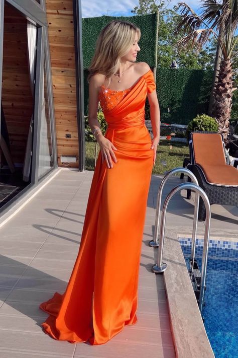 Prom Dress One Shoulder, Orange Mermaid, Prom Dress Mermaid, Orange Prom Dresses, Ruffle Beading, Floor Length Prom Dresses, Dress One Shoulder, Beaded Prom Dress, Perfect Prom Dress