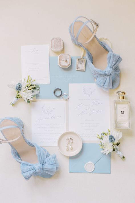 Blue wedding invitation and blue bridal shoes in flat lay for wedding Simple Flatlay Ideas, Dusty Blue Detail Shots, Dusty Blue Flat Lay, Blue Flat Lay Wedding, Wedding Invite Detail Photos, Dusty Blue Wedding Flat Lay, Bridal Flat Lay Photography, Blue Wedding Flatlay, Blue Wedding Detail Photos