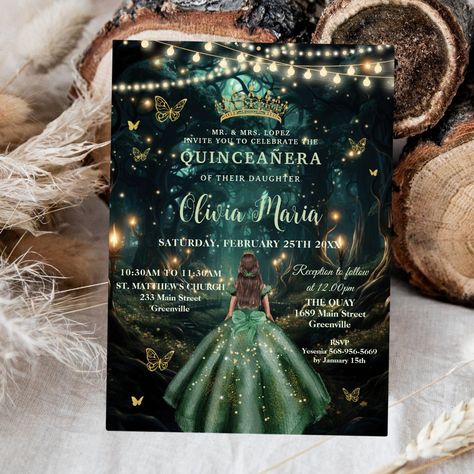 Personalize this enchanting Quinceañera / Sweet 16 birthday invitation easily and quickly. Simply click the Edit Using Design Tools button to further edit the text, change font styles and font colors. Featuring a girl dressed in an emerald green dress and an enchanted forest background.  The butterflies, quince girl and crown are movable, resizable, multipliable and removable. Customize it to suit your occasion. Matching items available in store. (c) Somerset Fine Paperie by The Happy Cat Studio. Green Dress Princess, Enchanted Forest Quinceanera, Forest Emerald Green, Forest Invitation, Butterfly Invitations, Dress Quinceanera, Emerald Green Dress, 16th Birthday Invitations, Sage Green Dress