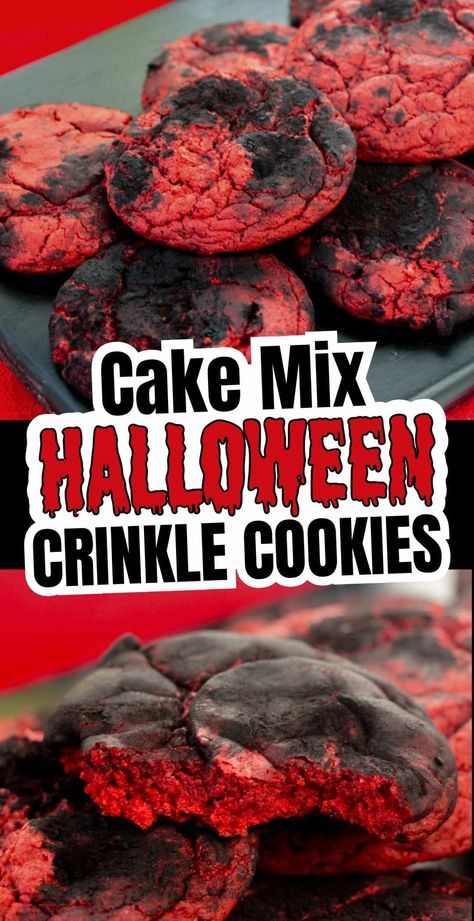 Brimstone cookies are easy-to-make cake mix cookies that are a Halloween party hit. The striking contrast of red velvet cookies coated in black cocoa powder creates an eye-catching red and black crinkle cookie look. Brimstone Cookies, Bake Sale Treats Halloween, Cake Mix Cookies Halloween, Red Velvet Halloween Cookies, Red Velvet Cake Halloween, Halloween Crinkle Cookies, Black Velvet Cookies, Vampire Treats, Halloween Cake Mix Cookies