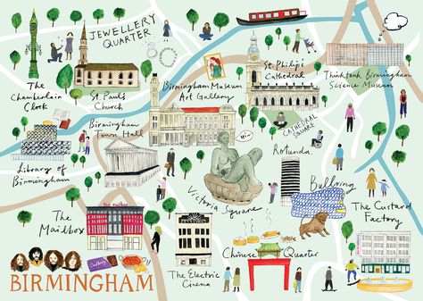 Illustrated map of Birmingham, Bullring, Victoria square, the electric, the mailbox, st.phillip’s cathedral...