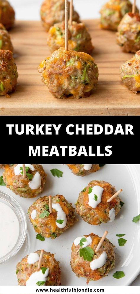 Incredibly easy and delicious healthy broccoli cheddar turkey meatball poppers with caesar or ranch dressing. Ready in 20 minutes, this flavorful turkey meatball recipe is protein packed, gluten free, and made in the oven or air fryer. Turkey Broccoli Meatballs, Meatball Recipes Turkey, Turkey Cheese Meatballs, Broccoli Meatballs, Cheddar Meatballs, Cheese Stuffed Meatballs, Turkey Meatball Recipe, Appetizer Meatballs, Turkey Cheese