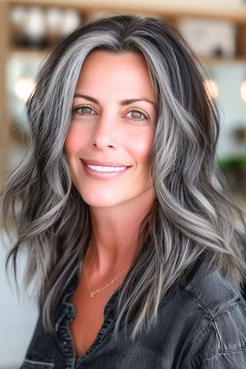 Cool Gray Mixed With Midnight Waves Medium-Length Hairstyle on a smiling woman. Dark And Gray Hair, Gray Blending For Brunettes, Grey Streaks In Dark Hair, Gray Hair Lowlights, Grey Highlights On Dark Hair Brunettes, Dark Brown Hair With Grey Highlights, Dark Hair With Grey Highlights, Gray Blending Hair Highlights Dark Hair, Gray Highlights On Dark Hair