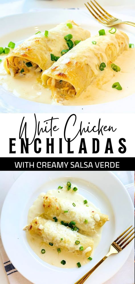 Savor the best chicken enchiladas with this easy recipe! Our White Chicken Enchiladas with Creamy Salsa Verde combines shredded rotisserie chicken, creamy sauce, and green chilis, all wrapped in soft corn tortillas. Perfect for an easy weeknight dinner, these enchiladas are packed with flavor. #mexicanfoodrecipes #texmex #texmexrecipes #weeknightmeals #weeknightmealideas #dinnerrecipes #dinnerideas White Chicken Green Chili Enchiladas, White Chicken Enchiladas Corn Tortillas, Gluten Free White Chicken Enchiladas, White Green Chili Chicken Enchiladas, Creamy Verde Enchilada Sauce, Green Creamy Enchiladas, Rotisserie Chicken Enchilada Recipes, Use Up Corn Tortillas, Green Chicken Chili Enchiladas