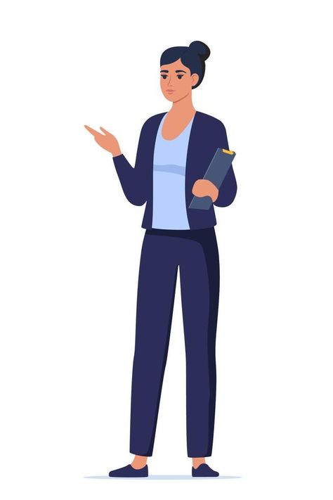 Woman introduce, show and present something. Business speaker standing with clipboard and pointing direction, gesturing with arm. Female presenter. Vector illustration. Business Woman Illustration, Simple Poster, Speaker Stands, Woman Illustration, Vector Portrait, Motion Graphic, Self Design, Woman Standing, Fashion Poster