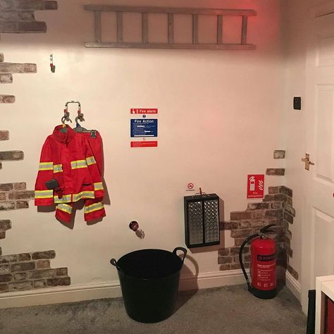 Fireman Bedroom, Fireman Room, Fire Truck Bedroom, Fireman Decor, Fireman Outfit, Batman Bedroom, Fake Window, Room Transformation, Brick Wallpaper