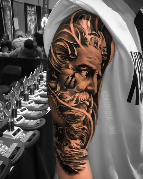 Tampa Tattoo, Ship Tattoo Sleeves, Nautical Tattoo Sleeve, Greek God Tattoo, Half Sleeve Tattoos Forearm, Poseidon Tattoo, Zeus Tattoo, Spartan Tattoo, God Tattoos