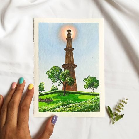 54/100 for my #100dayproject2020  This post is in collaboration with @emma.wtj . We came up with the theme of "place from our city/country". I am from Delhi,India and I decided to paint Qutub Minar view for this one😃 Swipe to her beautiful Painting as she is from Phillipines, she painted beach 😃 . . I absolutely loved how the sun turned out in this picture 😃 . . Paper : @magnani1404 300gsm 100% cotton watercolour paper Paints : @brustro_official Gouache Brush: @camlin_official  . . Time taken Qutub Minar Painting, Qutub Minar Drawing, Heritage Paint, Qutub Minar, 100 Day Challenge, India Country, Beautiful Painting, Watercolour Paper, Beautiful Drawings