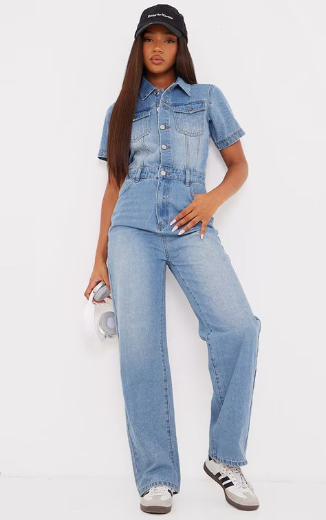 New Clothes | Latest Women's Fashion | PrettyLittleThing Denim Jumpsuits For Women, Short Sleeve Denim Jumpsuit, Green Swimsuit Bikinis, Two Piece Dress Casual, Petite Swimwear, Short Sleeve Denim, Denim Jumpsuits, Ny Outfits, Ibiza Outfits