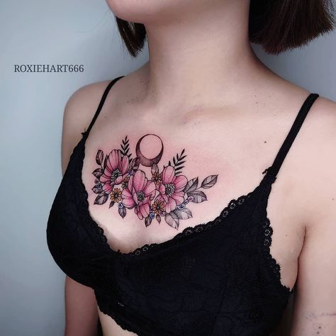 Feminine Chest Tattoo, Upper Chest Tattoo, Sternum Tattoos, Chest Tattoo Female, Flower Tattoo Ideas, Tattoo Female, Tattoo Pictures, Wicked Tattoos, Floral Tattoos