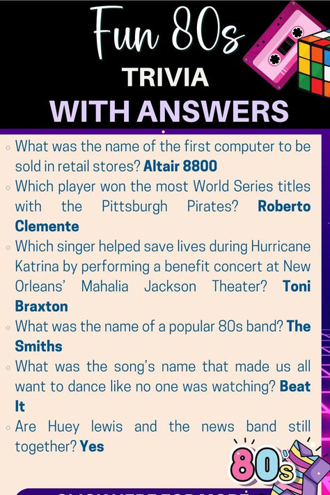 Fun general knowledge 80s trivia with answers. Ranging from 80s music trivia, movie trivia and general knowledge. Everyone will have a good time with the questions here. Let's test your knowledge 50s Trivia, Music Trivia Games, 1990s Trivia Questions, 80s Trivia, 80s Music Trivia, Trivia For Seniors, Music Trivia Questions, Movie Trivia Questions, Cat Burglar