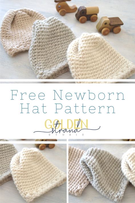 Free Newborn Hat Pattern - Easy crochet pattern by GoldenStrandStudio.com / crochet.life Newborn Hat Pattern, Crochet Newborn Hat, Crochet Beanies, Crochet Newborn, Newborn Hats, Baby Kicking, Crochet Simple, Haken Baby, Newborn Crochet