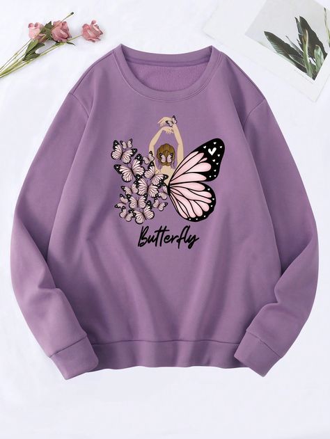 Butterfly & Letter Graphic Thermal Lined Pullover Mauve Purple Casual  Long Sleeve Fabric Letter,Butterfly Pullovers Slight Stretch Fall/Winter Women Clothing, size features are:Bust: ,Length: ,Sleeve Length: Girls Hoodie, Stylish Hoodies, Mauve Purple, Women Sweatshirts, Trendy Fashion Tops, Fabric Floral, Girls Prints, Really Cute Outfits, Purple Fashion