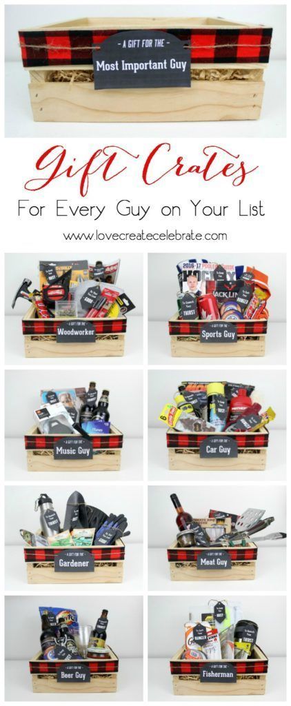 Instead of gift baskets, why not opt for the more manly Gift Crates for guys?! The perfect crate for any guy on your list, plus an amazing list of suggestions! Diy Gifts For Christmas, Boyfriend Gift Basket, Gift Crates, Baskets For Men, Gift Baskets For Men, Diy Gift Baskets, Ultimate Gift Guide, Christmas Baskets, Christmas Gift Baskets