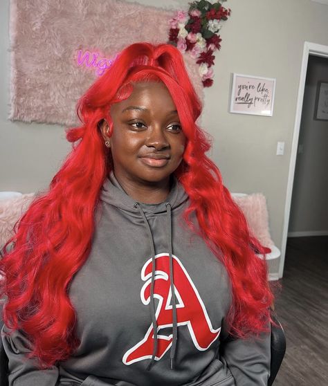 Red Half Up Half Down Weave, Red Frontal Wig Hairstyles, Half Up Half Down Frontal Wig, Half Up Half Down Lace Front Wig, Red Quick Weave, Dolly Hair, Red Weave Hairstyles, Hair Knots, Lacefront Wig