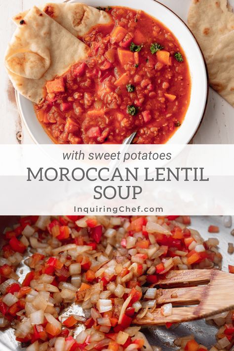 With warming spices, red lentils, and sweet potatoes, Moroccan Lentil Soup is an immensely flavorful bowl of goodness. It also happens to be vegetarian and gluten-free. Lentil And Sweet Potato Soup, Homecooked Dinner, Moroccan Lentil, Moroccan Lentil Soup, Moroccan Seasoning, Red Lentil Recipes, One Pot Wonder, Vegetarian Soups, Red Lentils