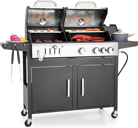 Owning this propane gas grill and charcoal grill combo means you can enjoy the convenience of gas-grilled dishes as well as the flavor of charcoal-grilled food. The charcoal grill and gas grill are independently controlled, and with a spacious 61-inch long cooking counter, you can cook and enjoy delightful barbecue moments with family and friends. Outdoor Bbq Grill, Propane Gas Grill, Iron Grate, Gas Bbq, Bbq Tools, Backyard Barbecue, Cast Iron Cooking, Cooking Area, Outdoor Bbq