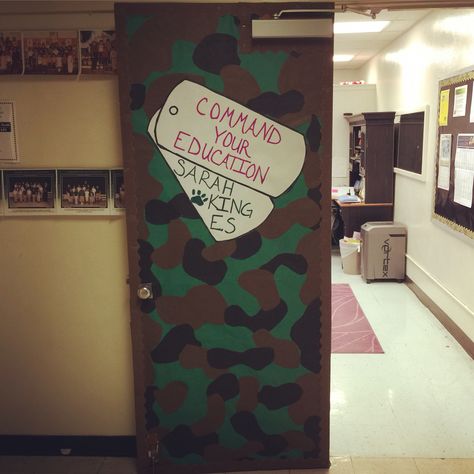 Army themed classroom door Camo Bulletin Board Ideas, Army Classroom Theme, Boot Camp Theme Classroom, Bootcamp Classroom Transformation, Camo Classroom Theme, Army Door Hanger, Testing Themes, Military Homecoming Decorations, Abc Bootcamp