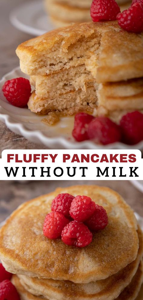 This pancake recipe without milk is the perfect staple for whenever you are out of milk but still want super fluffy pancakes. It is made with other pantry staples that you probably have on hand for a quick no-fuss breakfast that your whole family will enjoy! Try it out today and let us know what you think. No Milk Pancake Recipe, Pancake Mix No Milk, Pancakes From Scratch No Milk, No Milk Breakfast Recipes, No Milk Pancakes, Pancake Recipe No Milk, Easy Pancake Recipe No Milk, Milk Free Pancakes, Pancakes Without Milk