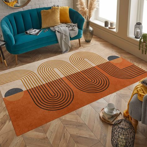 Colorful Boho Chic Living Room, Mid Century Carpet, Mid Century Modern Rugs, Mid Century Modern Rug, Orange Couch, Area Rug Kitchen, Boho Chic Living Room, Interesting Interiors, Mid Century Rug