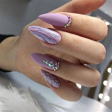 Purple Nails With Gold Glitter, Silver And Lavender Nails, Purple New Years Nails, Light Purple Nails With Glitter, Lilac And Silver Nails, Lavender Nails With Glitter, Lavender Glitter Nails, Purple Silver Nails, Purple Sparkly Nails