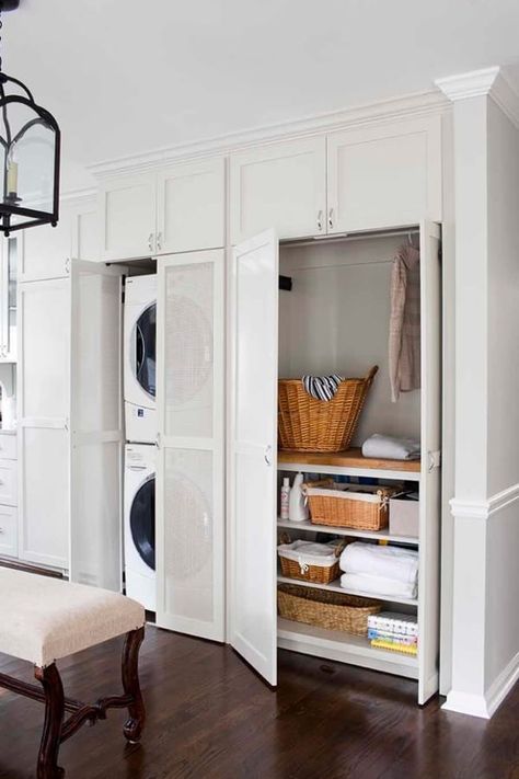 Transitional Laundry Room, Laundry Room Storage Shelves, Hidden Laundry, Small Laundry Room Organization, Room Storage Diy, Laundry Room Closet, Laundry Room Cabinets, Laundry Closet, Small Laundry Rooms