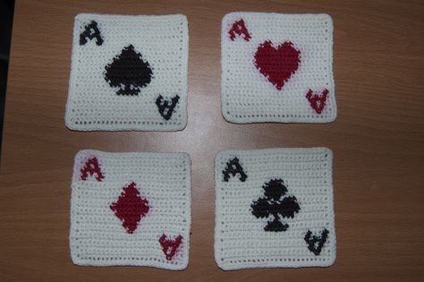 Playing Card Coasters – gift idea | Hooked Creationz Diy Playing Cards, Confection Au Crochet, Crochet Coaster Pattern, Card Pattern, Crochet Christmas Ornaments, Fun Crochet Projects, Crochet Diy, Diy Crochet Projects, Crochet Coasters