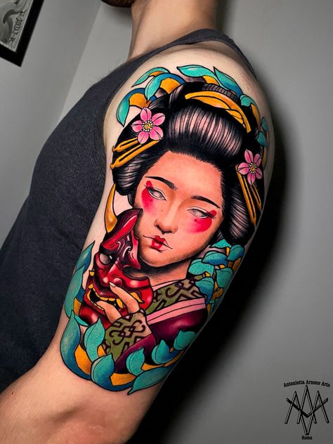 #antoniettaarnonearts #roma #rome #romatattoo #italia #tattooroma #italiatattoo #italy #trastevere #tattoo #tattoos #tatuaggio #tatuaggi #idea #tattooidea #inked #ink #coloredtattoo #japan #japanese #geisha #mask #hannya #ancinet #history #neotraditional #newtraditional #neotrad Neo Traditional Half Sleeve, Traditional Half Sleeve, Japanese Geisha Tattoo, Geisha Tattoos, Traditional Japanese Tattoo Flash, Scroll Tattoos, Japanese Koi Fish Tattoo, Geisha Tattoo Design, Colored Tattoo Design