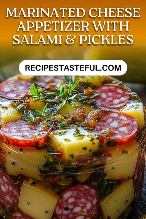 This Easy Marinated Cheese Appetizer combines creamy Havarti cheese, savory salami, tangy sun-dried tomatoes, and crisp cornichons, all marinated in a flavorful garlic vinaigrette. Perfect for parties or as a delightful snack! Easy Marinated Cheese And Salami, Marinated Olives Cheese And Salami, Easy Marinated Cheese With Salami And Pickles, Marinated Cheese Salami And Pickles, Marinated Cheese Appetizer With Salami, Marinated Cheese With Salami And Pickles, Easy Marinated Cheese Appetizer With Salami & Pickles, Easy Marinated Cheese Appetizer, Marinated Cheese Salami Pickles