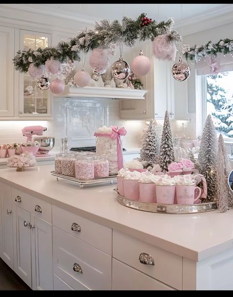 Kitchen Pink Christmas Decor, Pink Christmas House Decor, Christmas Tree Pink Theme, Pink Christmas Apartment, Pink Themed Christmas Decor, Pink Christmas Kitchen Decor, Pink Christmas Bathroom, Pink Christmas Kitchen, Christmas Room Decor Pink