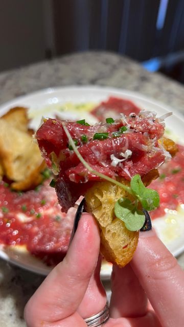 Suzy ❤️‍🔥🤘 on Instagram: "My go app to order when I go out to eat is always beef carpaccio and it’s really easy to make ay home! @goldensteersteakco sent me these filets to try and I was so excited to do a carpaccio with them! The most important part is to cut against the grain so when you flatten it out it will tenderize and meat perfectly! I used a metal rolling pin to flatten my tenderloin you don’t need anything super fancy. I seasoned the beef with olive oil, pepper, lemon caperberry salt Beef Carpaccio Appetizers, Beef Carpaccio, Out To Eat, Against The Grain, I Want To Eat, Caramelized Onions, Rolling Pin, A Metal, Olive Oil