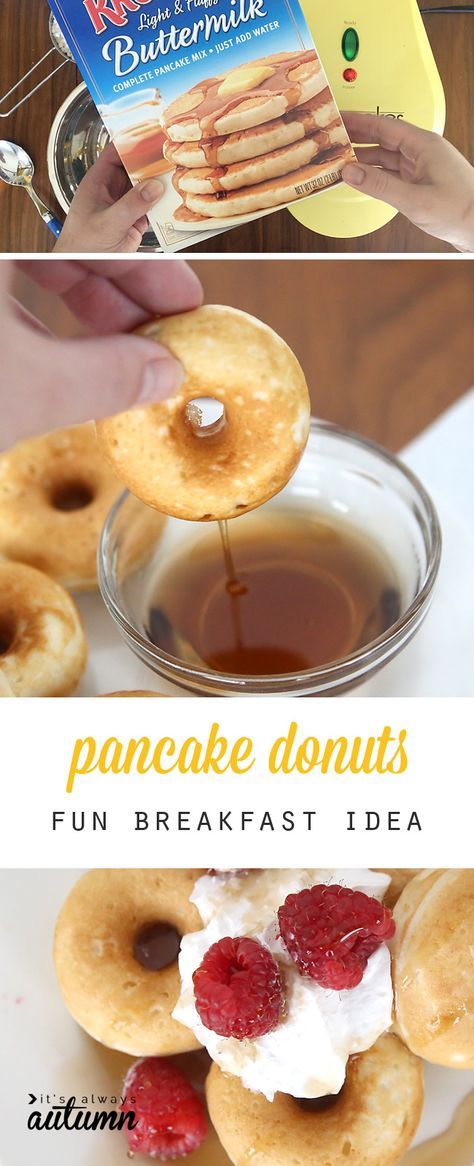 This is so fun - you can make donuts out of pancake mix! What a great breakfast idea for kids, and lots healthier than traditional donuts! easy breakfast recipe. Cake Mix Donuts, Mini Donuts Maker, Great Breakfast Ideas, Fun Breakfast, Easy Breakfast Recipe, Donut Maker, Mini Pancakes, Breakfast Idea, Pancake Mix