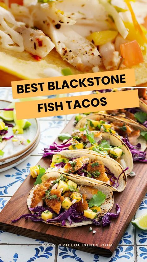 Blackstone Fish Tacos Recipe - Grill Cuisines Fish Tacos Blackstone, Healthy Dinner Recipes On Blackstone, Blackstone Fish Tacos, Cod On The Blackstone, Tacos On Blackstone, Blackstone Fish, Blackstone Ideas, Cod Fish Tacos, Outdoor Griddle