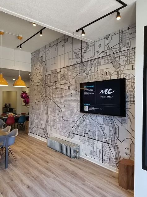 Communal Office Space, Communal Office, Office Feature Wall, Map Mural, Office Graphics, Office Wall Design, Map Wall Mural, Cool Office Space, Map Murals