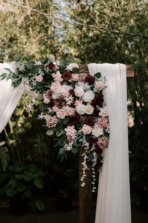 Rose Wedding Arch, Pink And Burgundy Wedding, Wine Red Wedding, Burgundy Wedding Flowers, White Wedding Arch, St Pete Wedding, Burgundy And Blush Wedding, Moody Florals, Wedding Alters