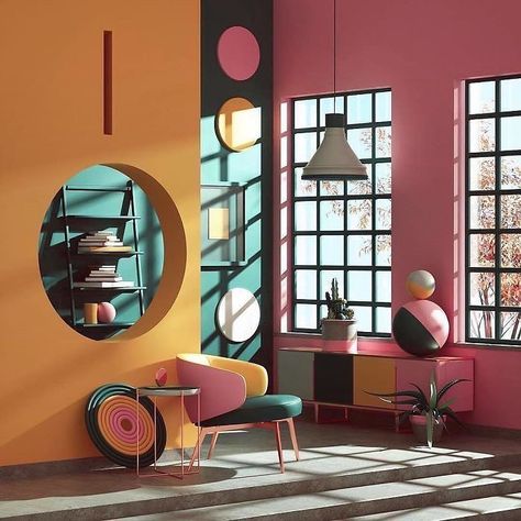 Colorful Garage, Room References, Bauhaus Interior, Apt Decor, Colorful Interior Design, Art Production, Memphis Design, Color Psychology, Naha