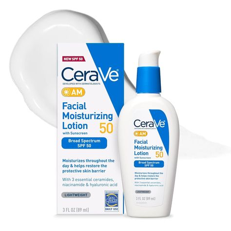 Amazon.com: CeraVe AM Facial Moisturizing Lotion SPF 50 | Face Moisturizer with SPF, Hyaluronic Acid, Niacinamide & Ceramides | Non-Greasy | Blends Seamlessly With No White Cast | Non Comedogenic Sunscreen | 3 Oz : Beauty & Personal Care Cerave Facial Moisturizing Lotion, Daytime Skincare Routine, Cerave Skincare, Zinc Oxide Sunscreen, Facial Lotion, Style Nails, Moisturizing Lotion, Anti Aging Moisturizer, Moisturizer With Spf